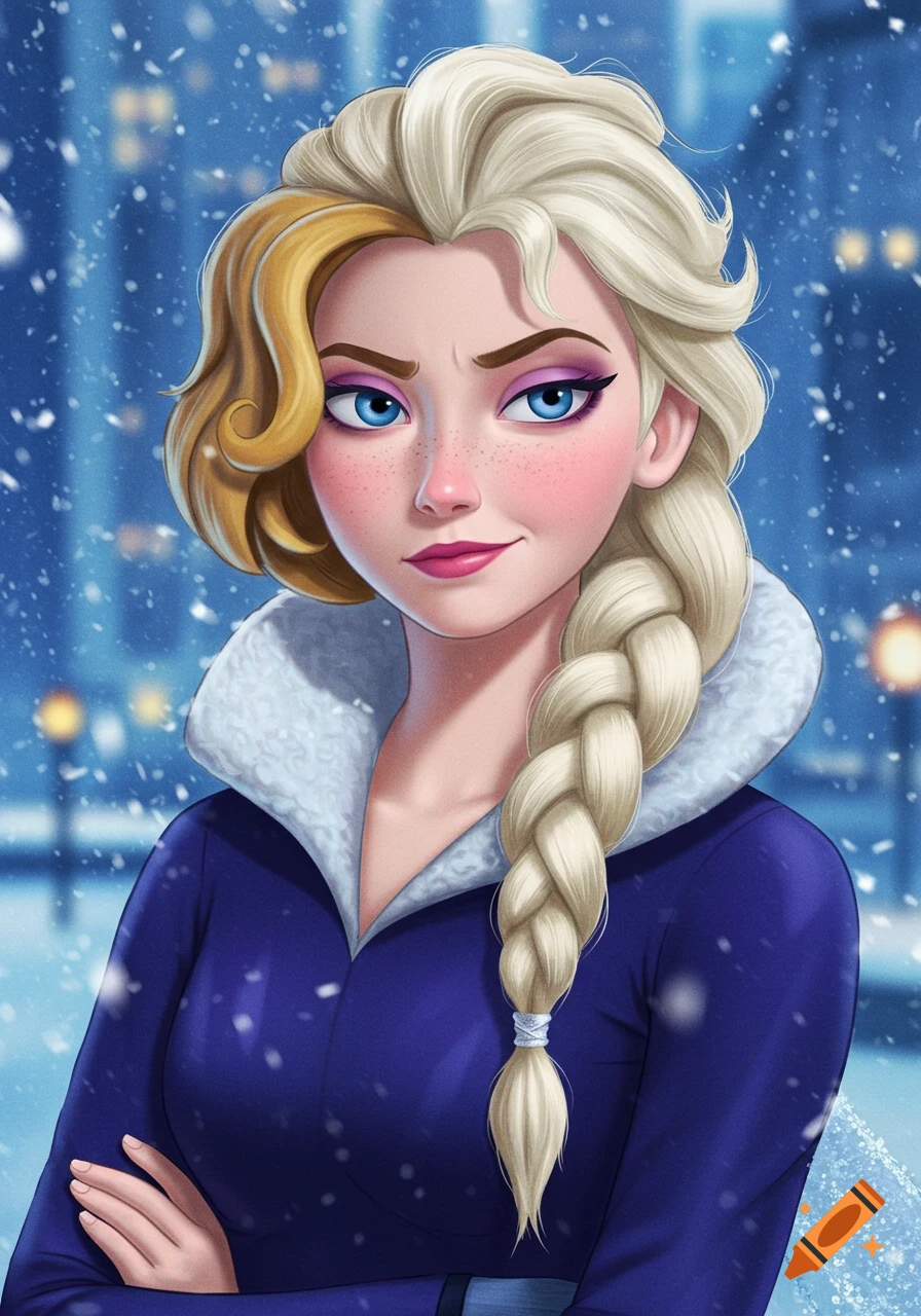 Cartoon portrait of Elsa with a sassy expression, wearing a blue coat with a white fur collar, in a snowy night setting.