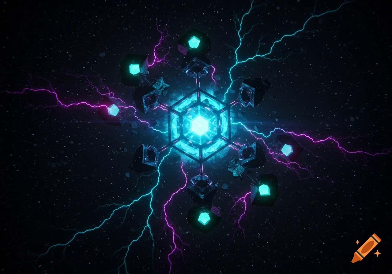 A glowing blue and purple geometric structure with lightning against a dark, starry background.
