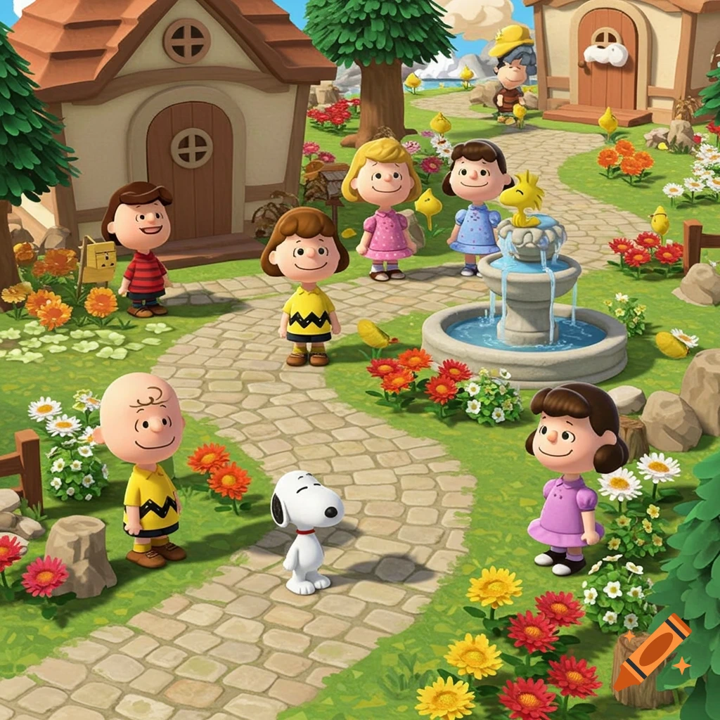 Peanuts characters Charlie Brown, Snoopy, and friends in an Animal Crossing-style village with houses, paths, flowers, and a fountain.