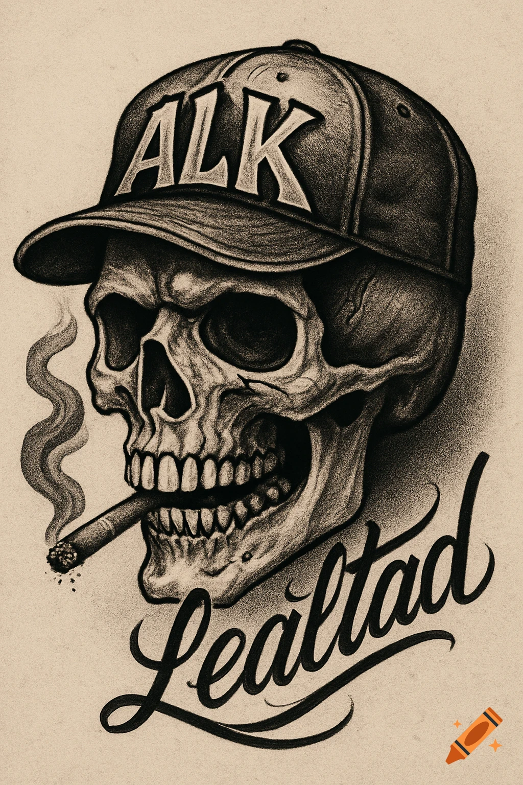 A stylized charcoal drawing of a skull wearing a baseball cap with "ALK" on it, smoking a cigar. The word "Lealtad" is written in script below the skull.