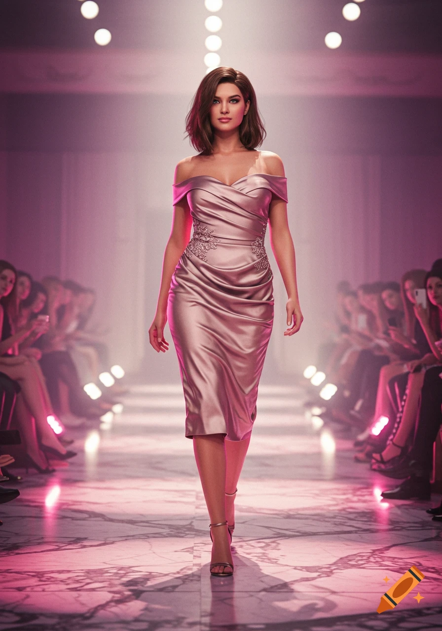 A photorealistic female model in a pink off-shoulder dress walks a runway under pink lights, with an audience.