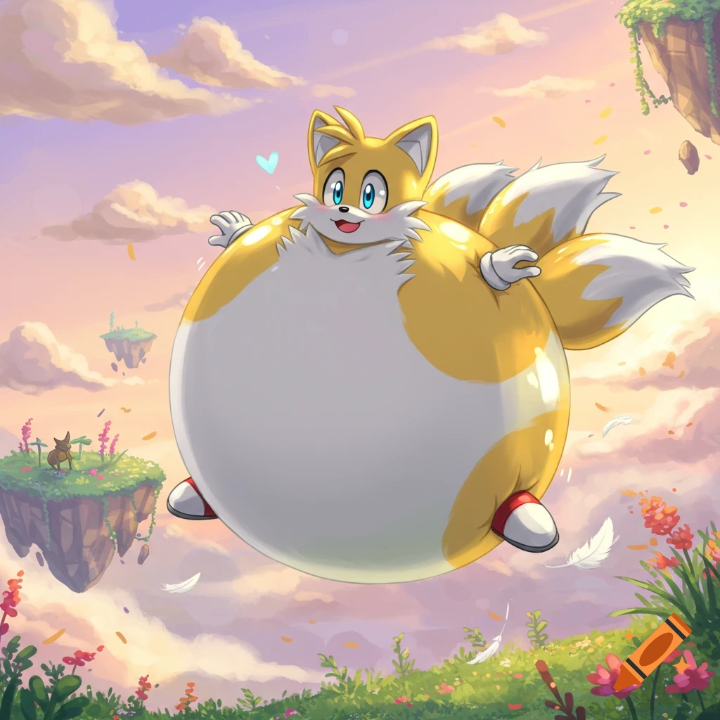 Miles 'Tails' Prower, inflated like a balloon, floats happily in a sunny sky above floating islands and flowers, in a cartoon style.