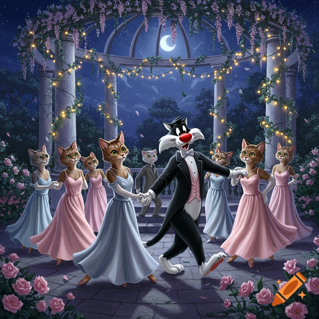 Sylvester the Cat in a tuxedo dances with several anthropomorphic cat ladies in gowns under a moonlit gazebo adorned with wisteria and string lights.