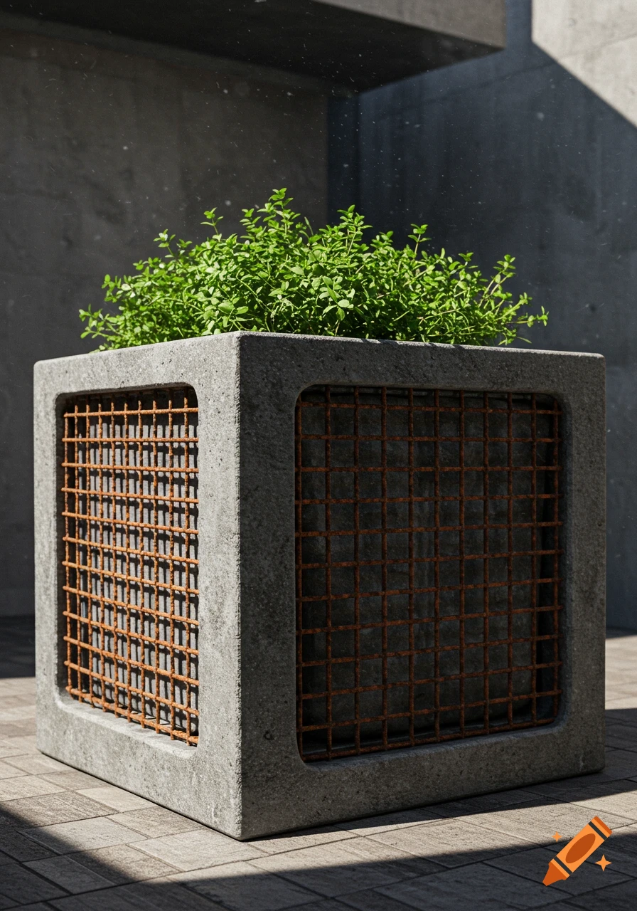 A photorealistic square concrete planter with rusted steel mesh panels holds green plants on a tiled surface.