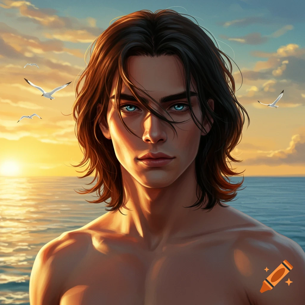 A handsome man with long dark hair and piercing blue eyes, shirtless, gazing forward against a vibrant sunset over the ocean with seagulls flying.