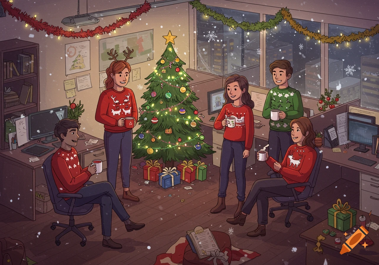 An illustration of an office Christmas party with five people in festive sweaters, holding mugs, surrounded by decorations, a Christmas tree, and presents.