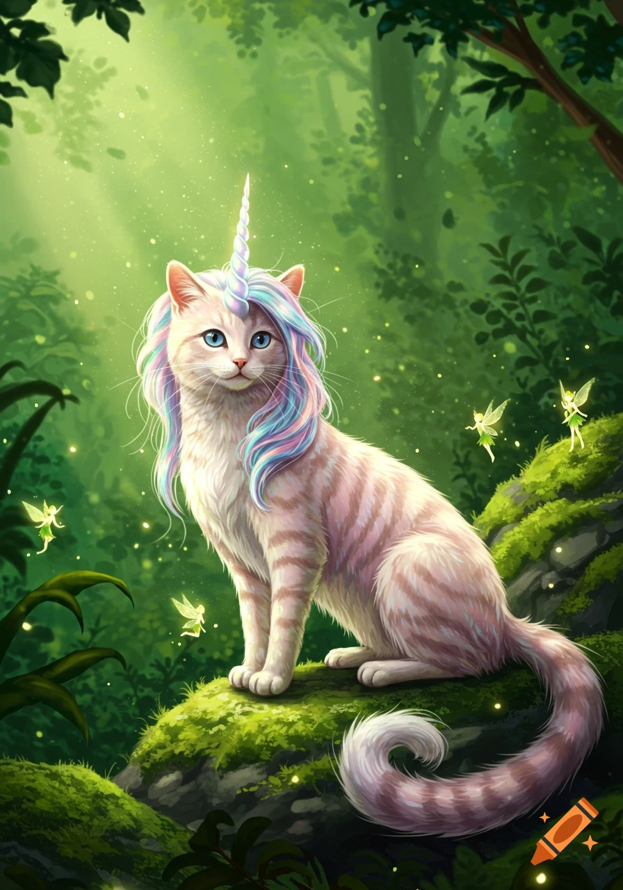 A majestic cat with a unicorn horn and rainbow mane sits on moss in a magical green forest with fairies and glowing specks.
