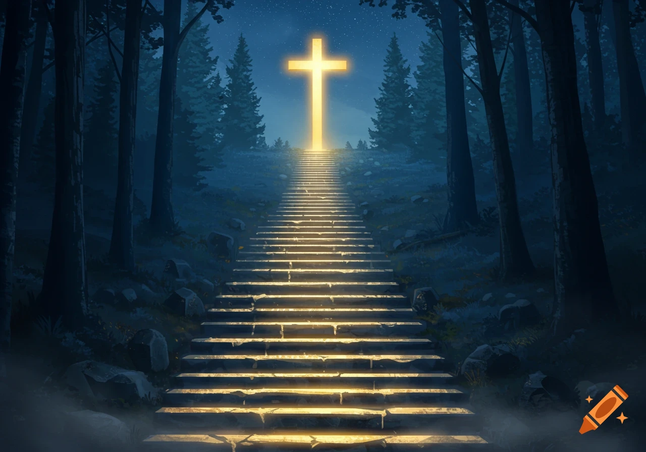 A long, glowing stone staircase leads up through a dark forest to a bright, glowing cross under a starry night sky.