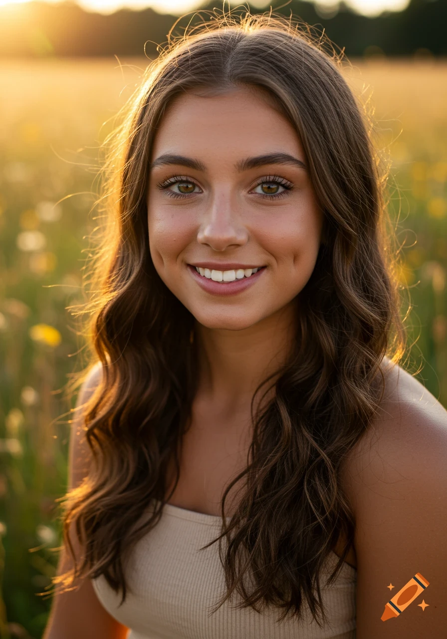 Photorealistic portrait of a smiling young woman with dark brown wavy hair, hazel eyes, and dimples, lit by golden hour sun in a field.