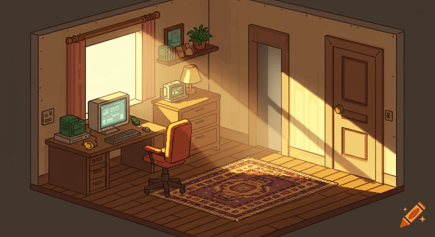 Isometric pixel art of a cozy retro room with a computer desk, chair, and rug, bathed in warm sunlight from a window.