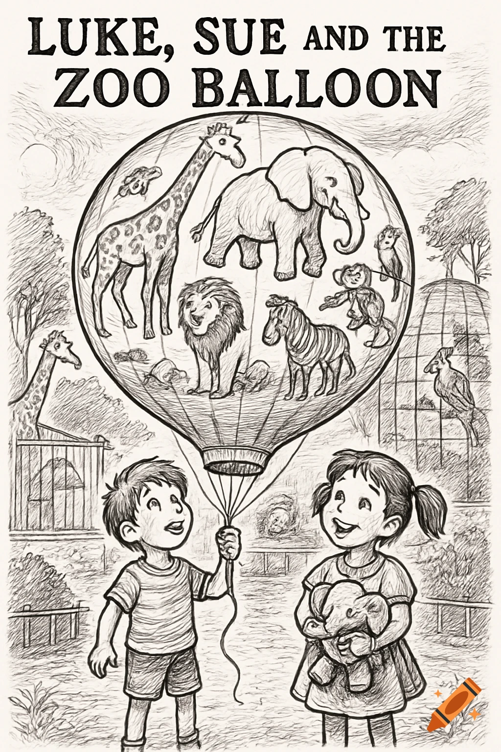 A monochrome sketch of two children, Luke and Sue, holding a hot air balloon that contains various zoo animals like a giraffe, elephant, lion, and zebra. The title "LUKE, SUE AND THE ZOO BALLOON" is at the top.