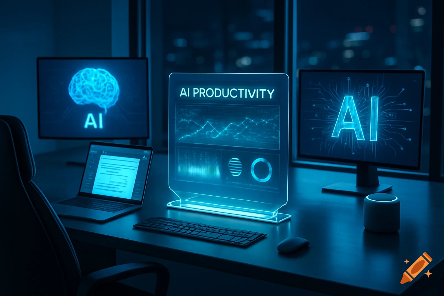 A futuristic, dark workspace with glowing blue computer screens displaying AI concepts like 'AI PRODUCTIVITY' and brain graphics.