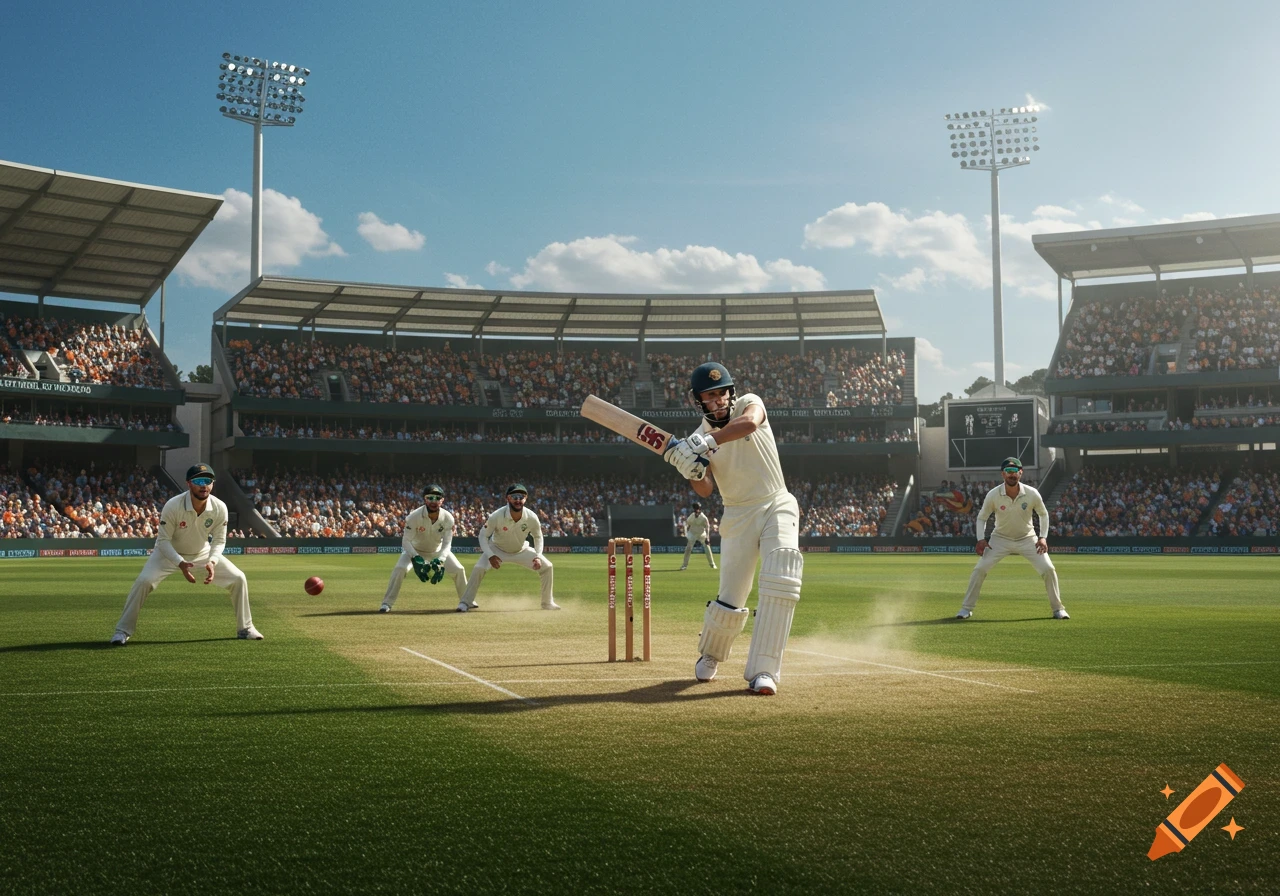 Photorealistic image of a cricket game with a batsman hitting the ball in a large stadium packed with spectators.