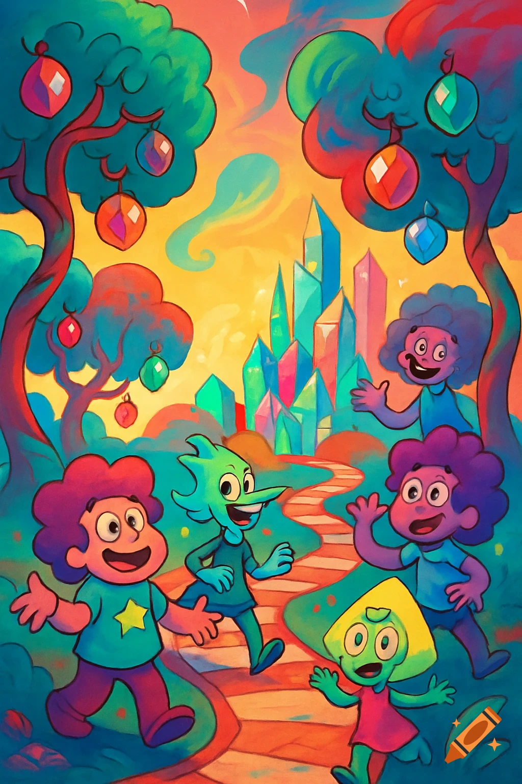 Vibrant cartoon characters walking on a path in a whimsical Dr. Seuss-like landscape with gem trees and a crystal city.