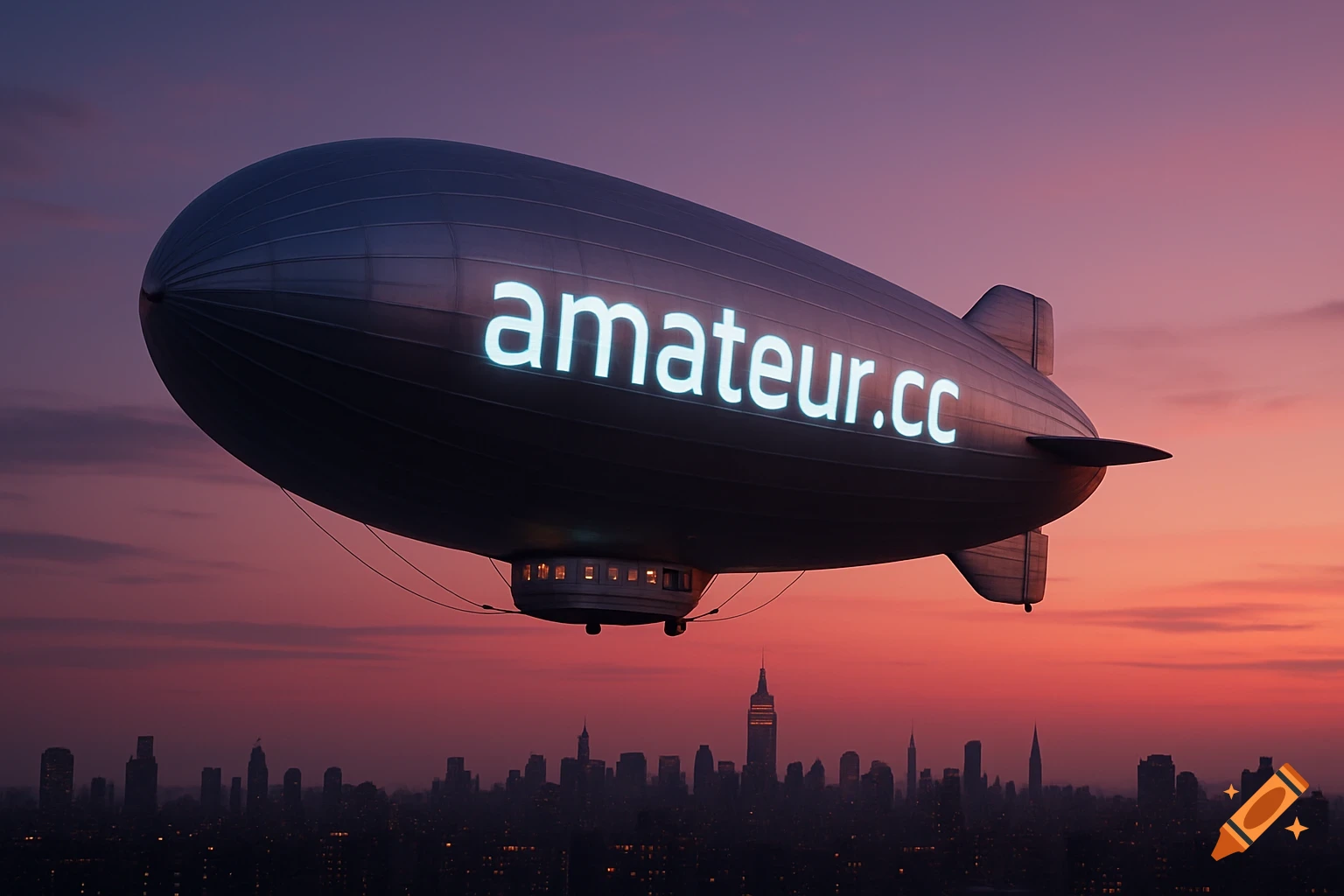 A blimp with 'amateur.cc' written on its side floats above a city skyline at sunset, with a vibrant orange and purple sky.