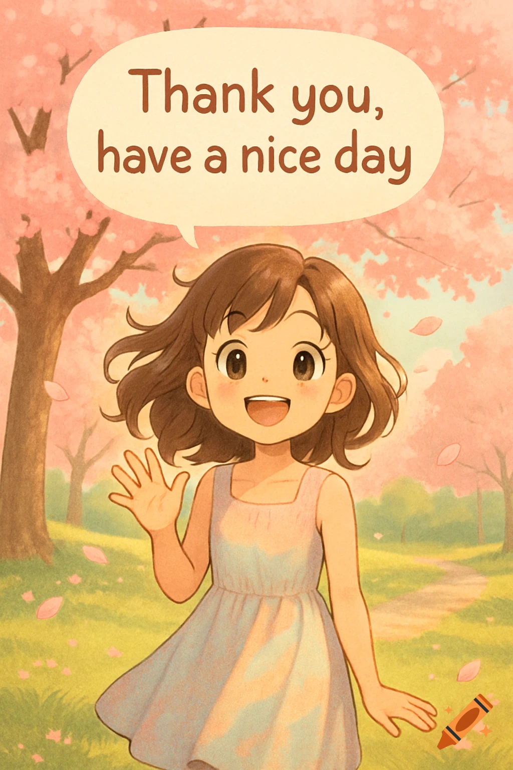 Cute anime girl waving in a cherry blossom park with a speech bubble saying 'Thank you, have a nice day'.