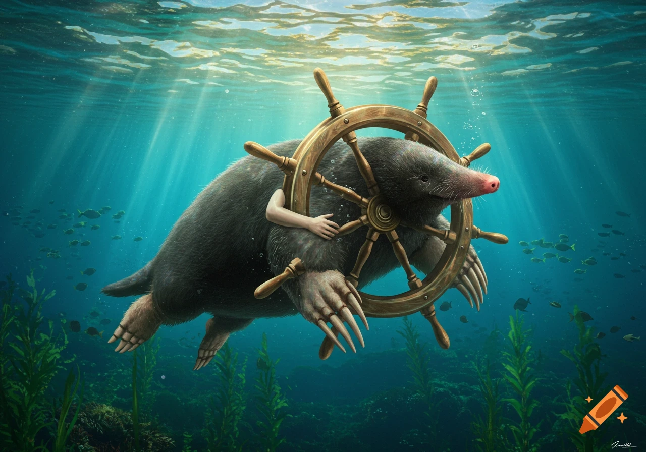 A star-nosed mole with a wooden ship's steering wheel for a body, featuring human-like arms and webbed legs, swims underwater among fish and seaweed.
