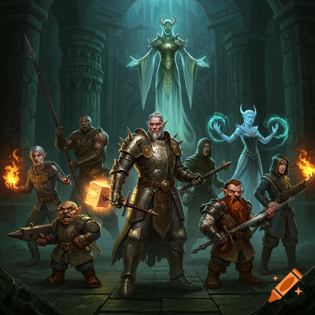 Diverse fantasy adventurers, including a knight, dwarves, and wizard, confront spectral beings in a dark dungeon, digital art.
