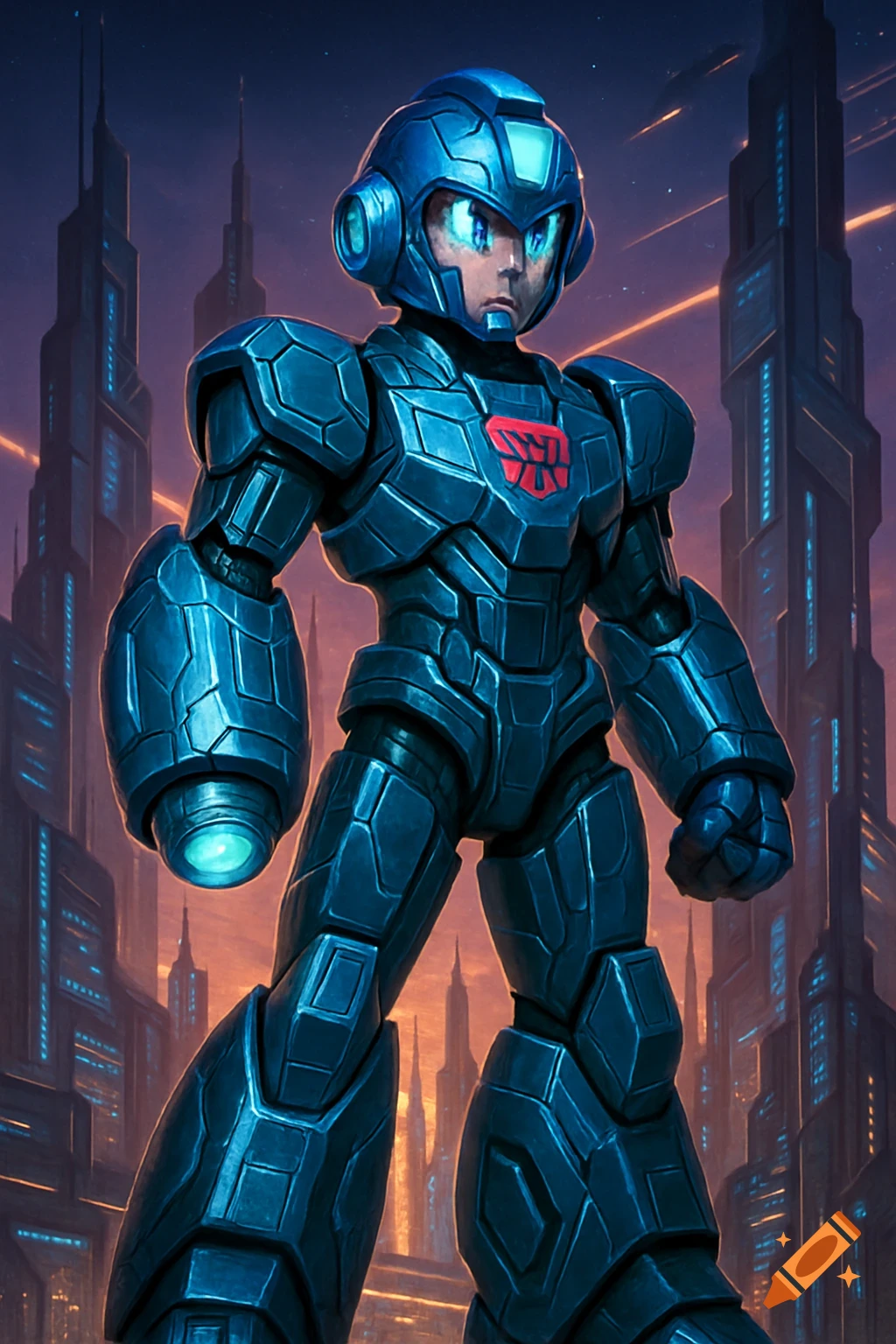 A blue armored robot with an Autobot symbol on its chest stands in a futuristic city at dusk, in a digital art style.