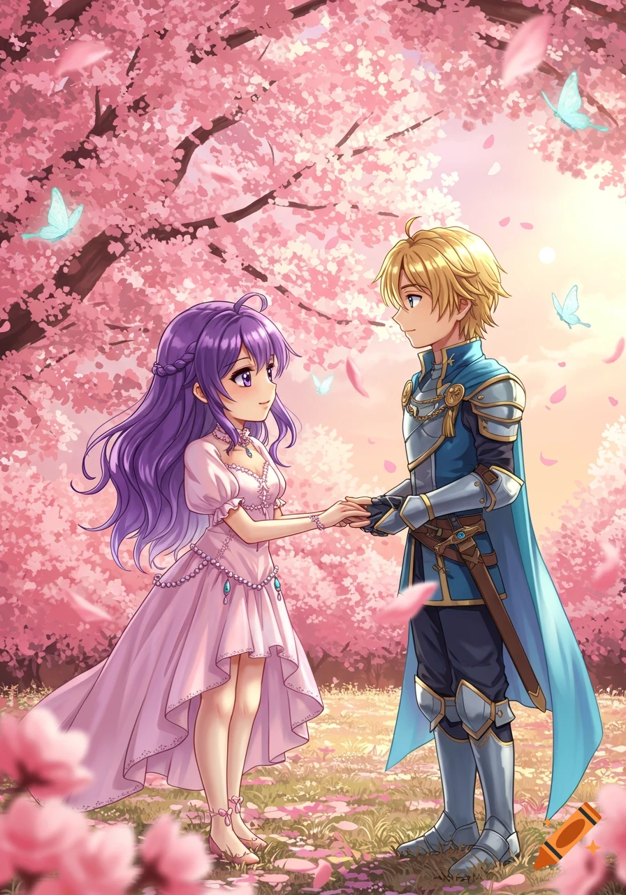 Anime princess with purple hair and blonde prince holding hands under falling cherry blossoms with butterflies.