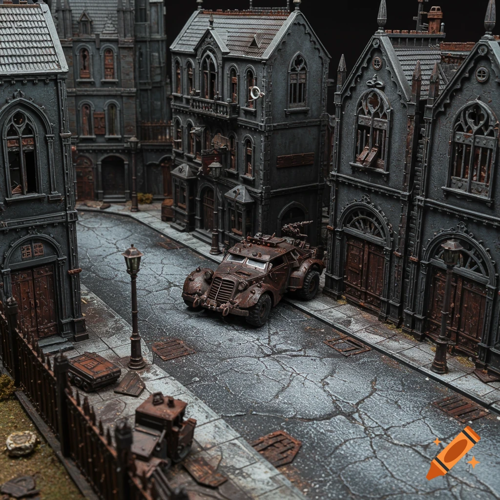 A grimdark miniature model city street with gothic buildings and a rusty, armored vehicle.