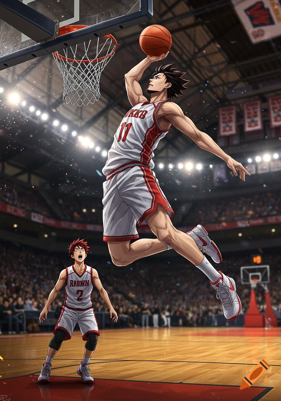 Anime-style basketball player in a white and red uniform dunks the ball, while another player looks on in a brightly lit arena.