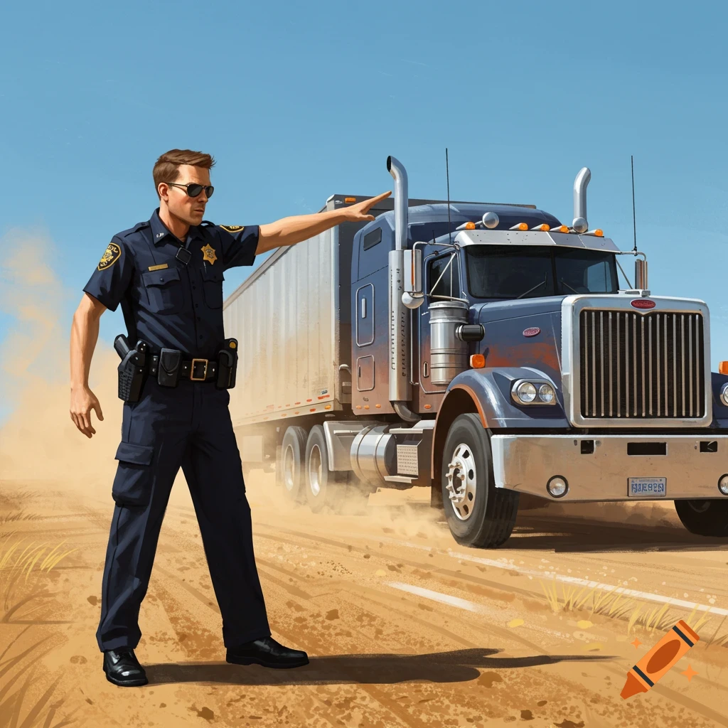 A police officer in a dark blue uniform and sunglasses stands on a dusty road, pointing at a large blue semi-truck.