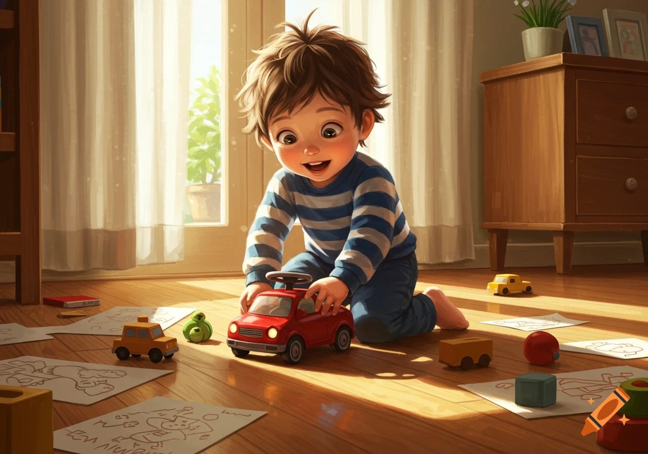 Happy toddler playing with a red toy car and other toys on a sunny wooden floor, illustrative style.