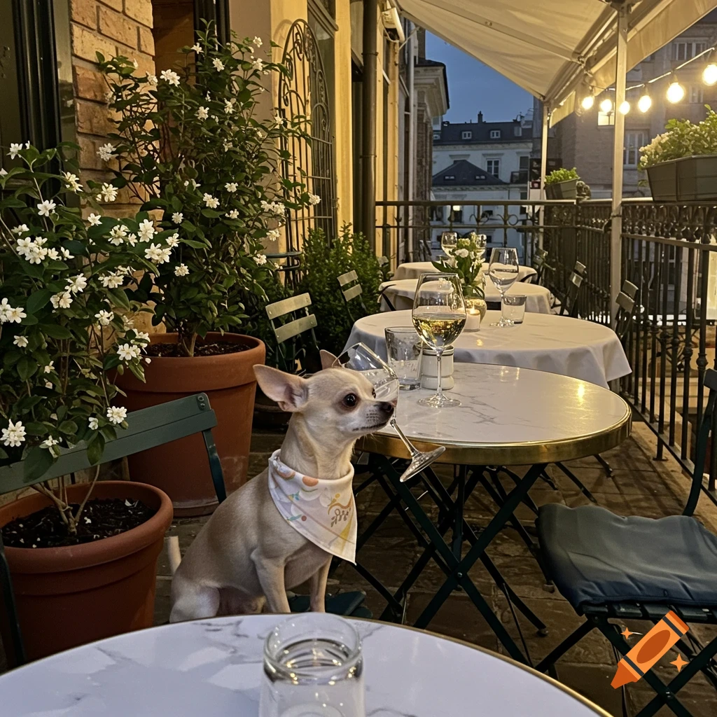 A chihuahua dog wearing a bandana sits at a table on an outdoor restaurant terrace with wine glasses and potted plants.