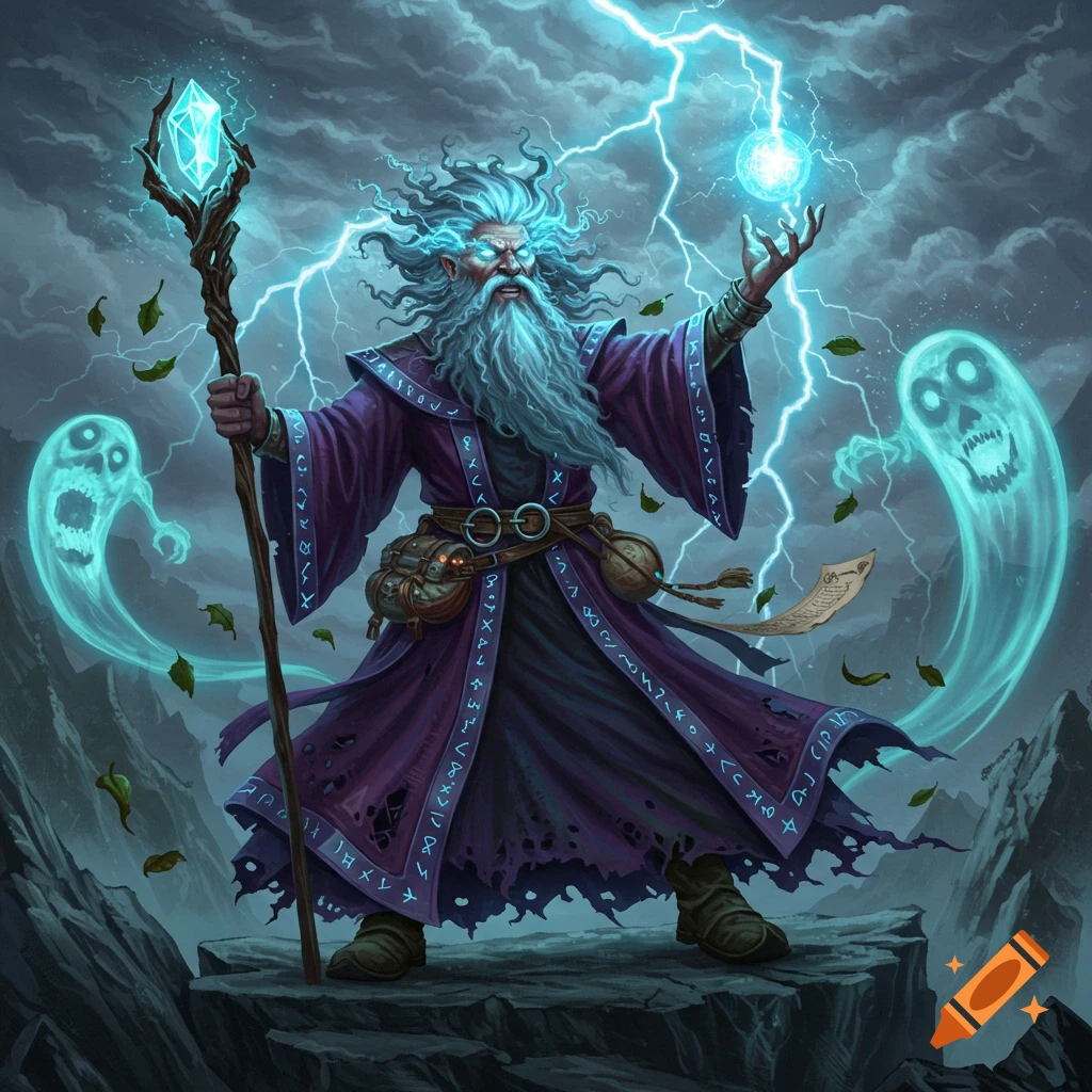 A powerful wizard with a glowing staff and beard casts electric magic amidst lightning and two green ghosts on a rocky peak, fantasy illustration.
