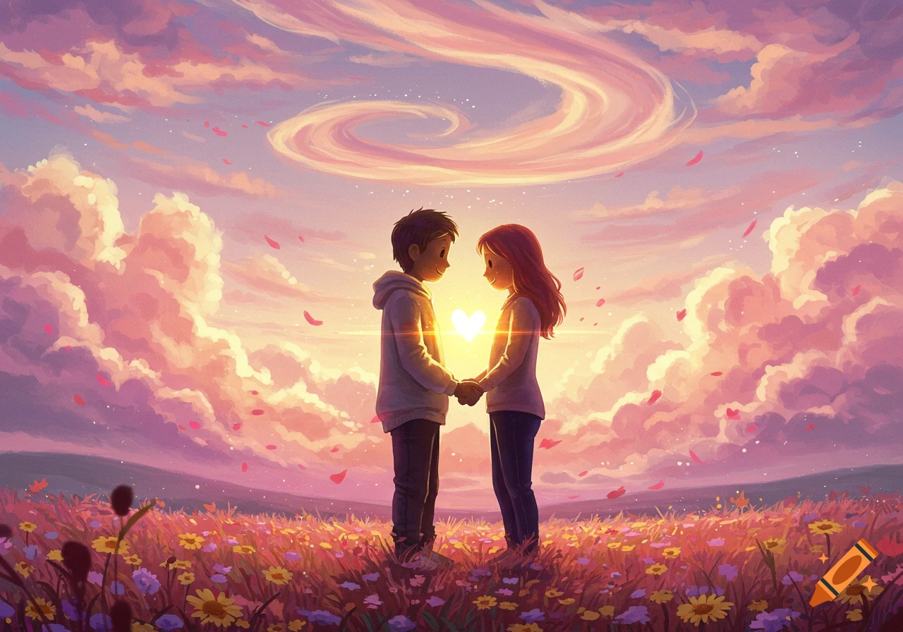 An anime-style boy and girl hold hands in a flower field at sunset, with a glowing heart between them, under a sky with swirling clouds and falling petals.