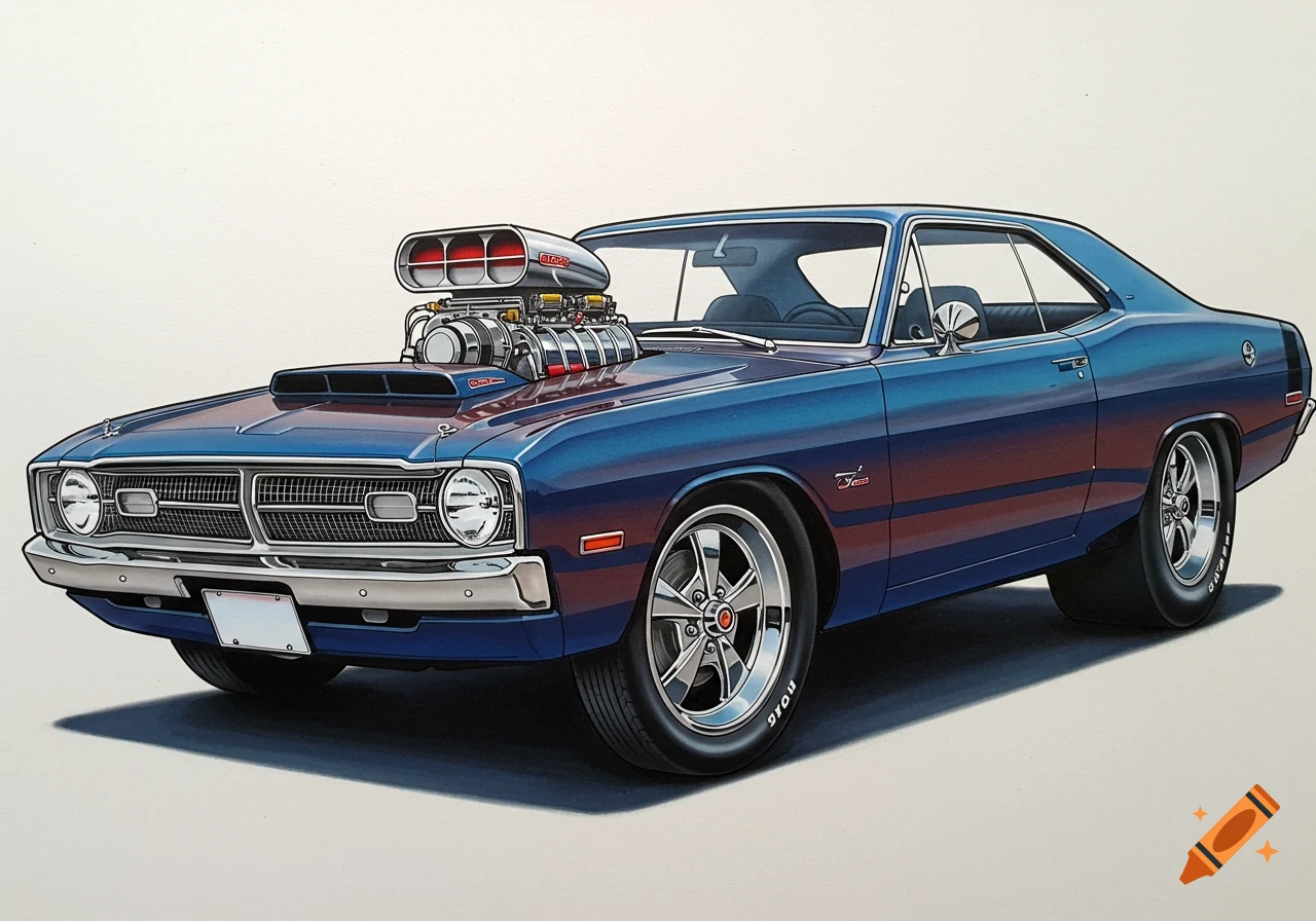 A blue hot rod 1971 Dodge Dart Sprinter cartoon illustration with a large supercharger, chrome wheels, and glossy paint on a white background.