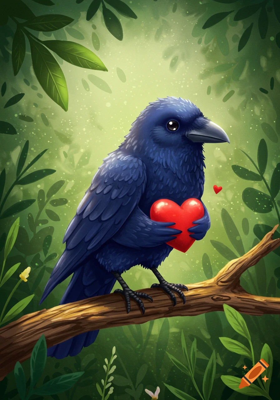 A cute blue raven with large black eyes perches on a branch in a lush green forest, holding a bright red heart.