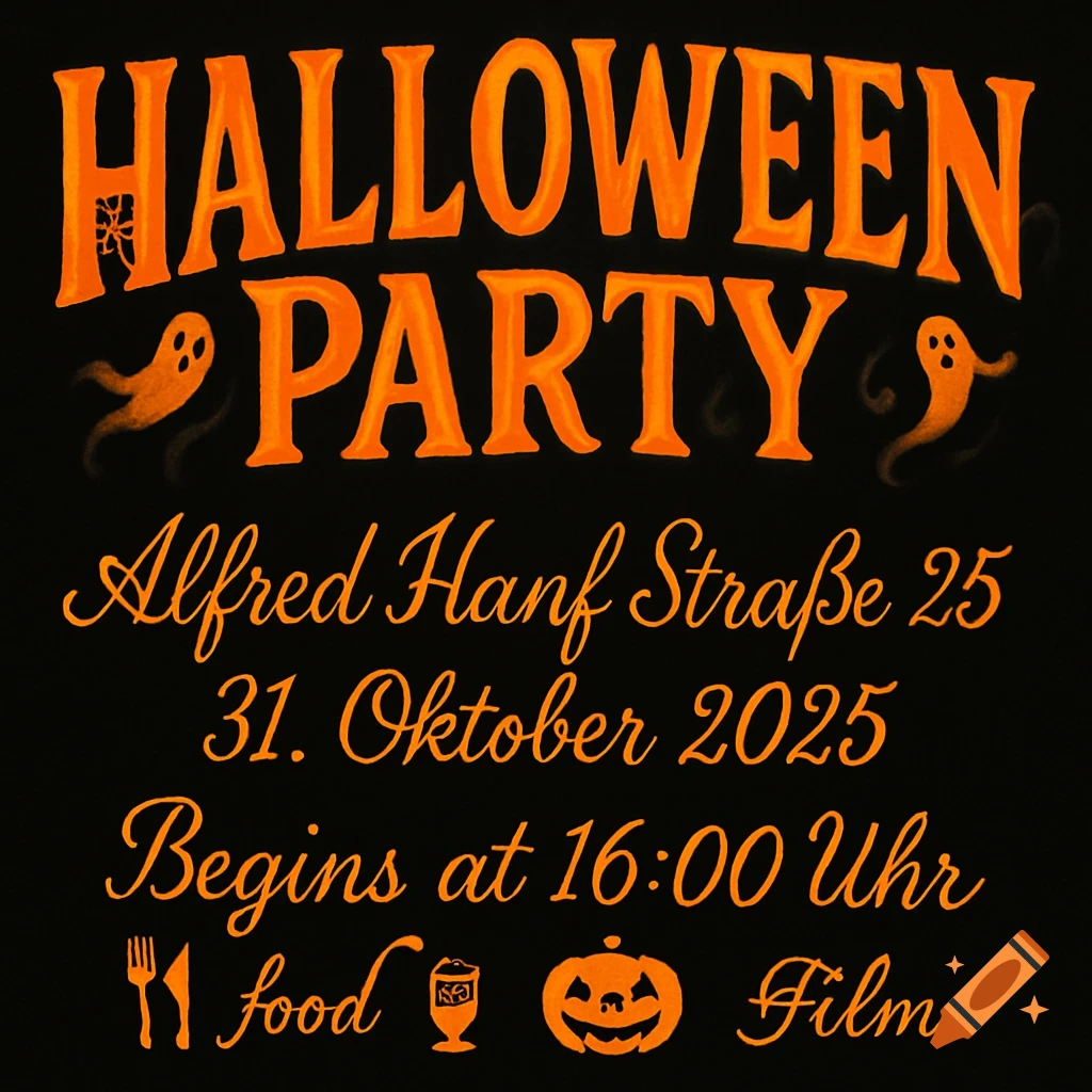 A black background with orange text for a Halloween party invitation. Text includes date, time, and activities, with small ghost and pumpkin illustrations.