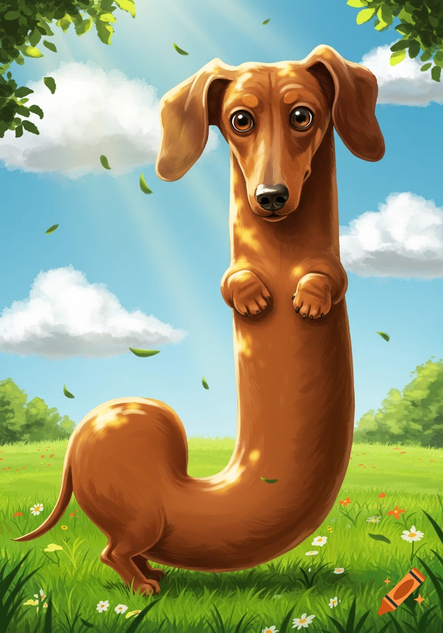 A whimsical cartoon illustration of a brown dachshund shaped like the letter J standing in a sunny green field.