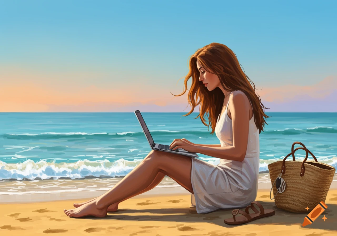 Digital illustration of a woman with long red hair working on a laptop while sitting on a sandy beach next to the ocean.