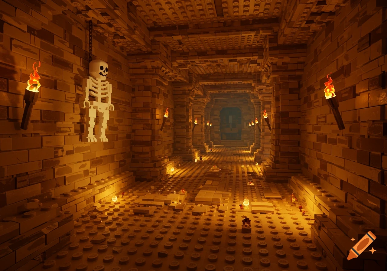 A Lego brick dungeon hallway with a hanging skeleton and glowing torches.