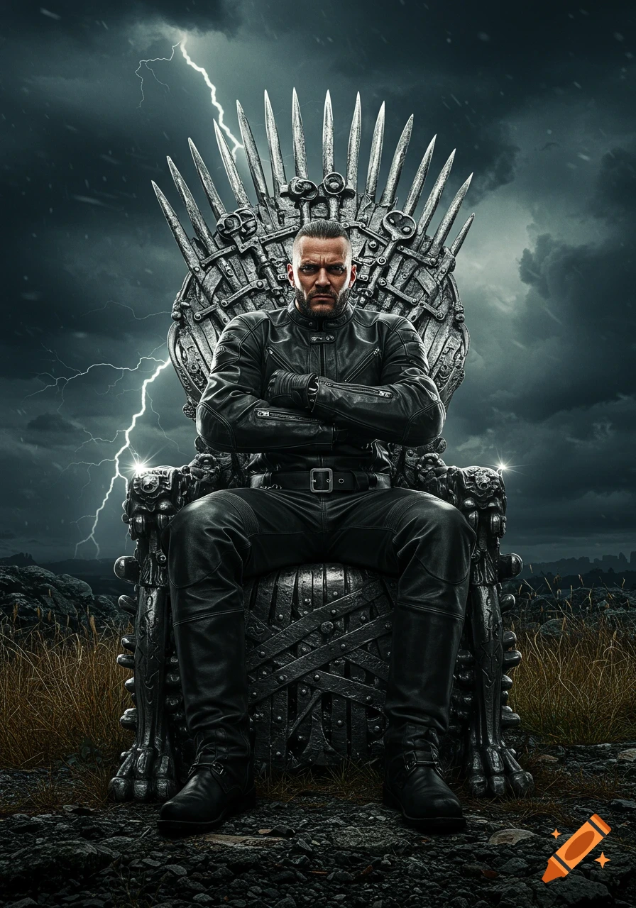 Photorealistic image of a stern man in a black leather biker suit on an ornate metal throne as lightning flashes in a stormy sky.