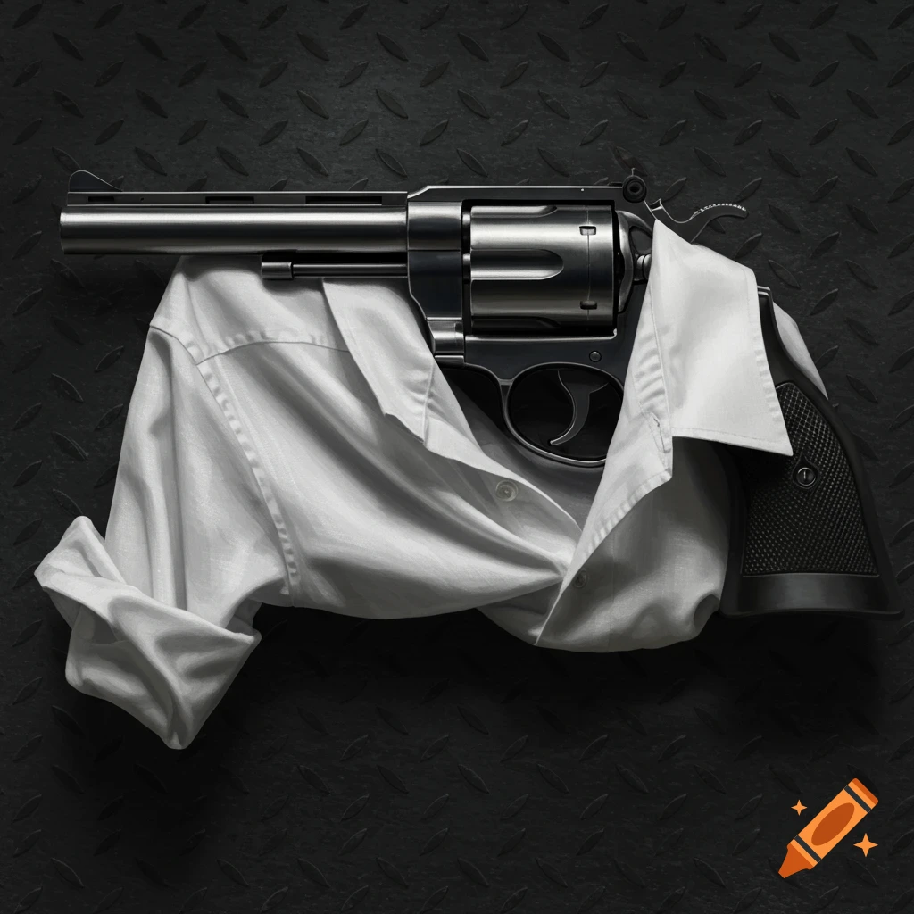 Photorealistic still life of a metallic revolver draped with a white shirt on a dark diamond plate background.