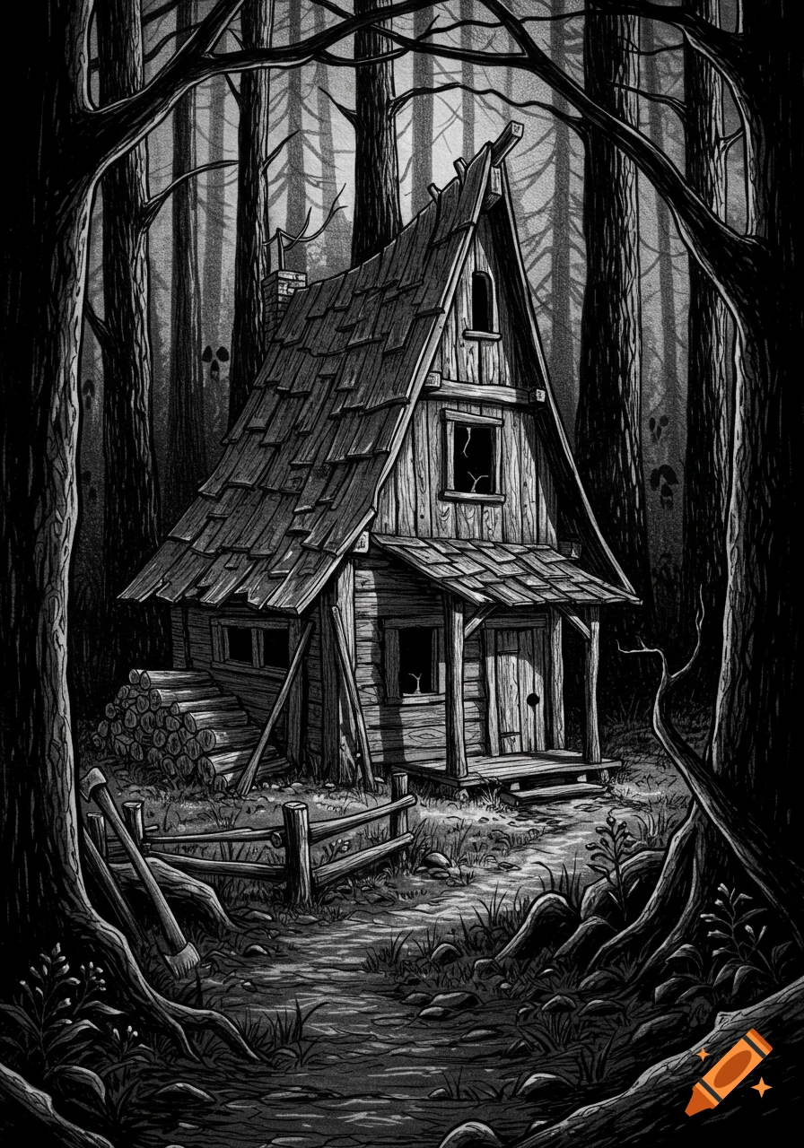 A detailed grayscale sketch of a dilapidated, asymmetrical wooden cabin in a dark forest, with subtle skull shapes hidden in the trees.