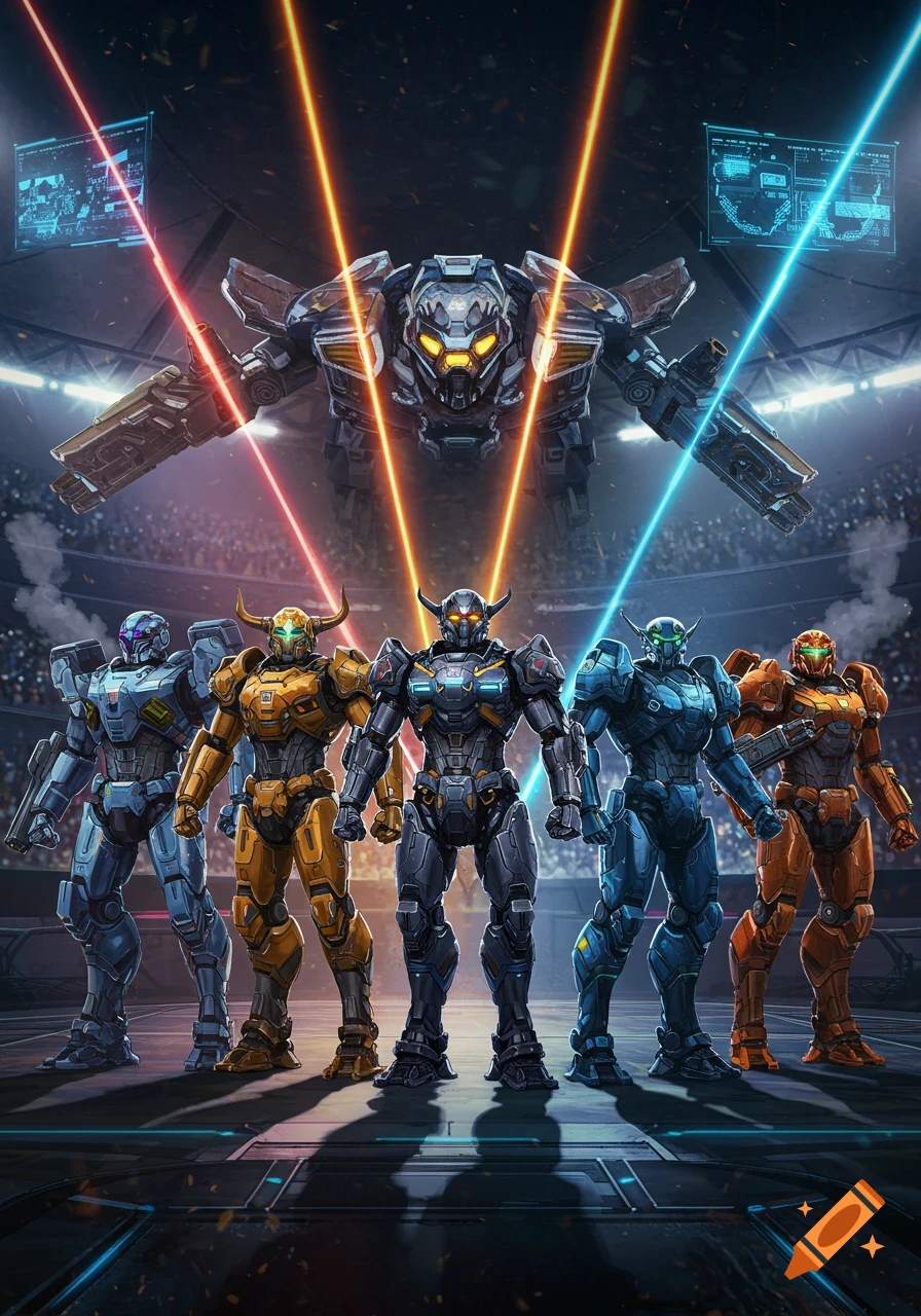 Five colorful mechs stand in a futuristic arena with a large mech hovering behind them, illuminated by laser beams.