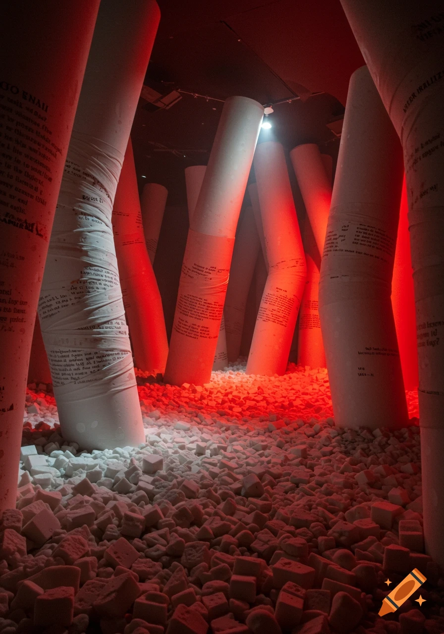 An art installation with tall, white, fabric-wrapped columns, some bent, standing in a field of white foam cubes under dramatic red and white lighting.