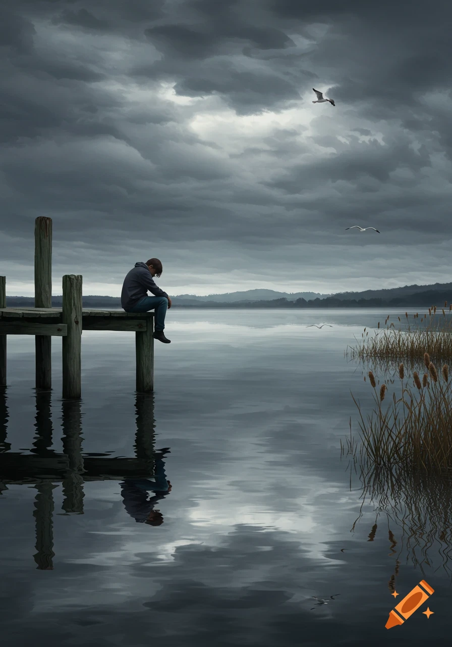 A person sits alone on a wooden pier overlooking a dark, calm lake under a gloomy, cloudy sky, evoking a sense of melancholy.