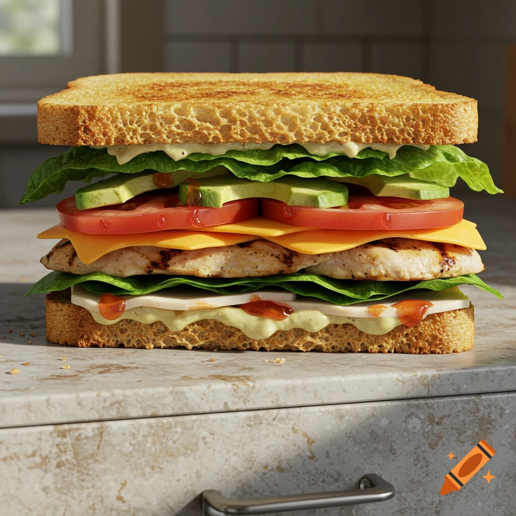 Photorealistic close-up of a tall sandwich with grilled chicken, cheese, lettuce, tomato, avocado, and sauces on toasted bread.