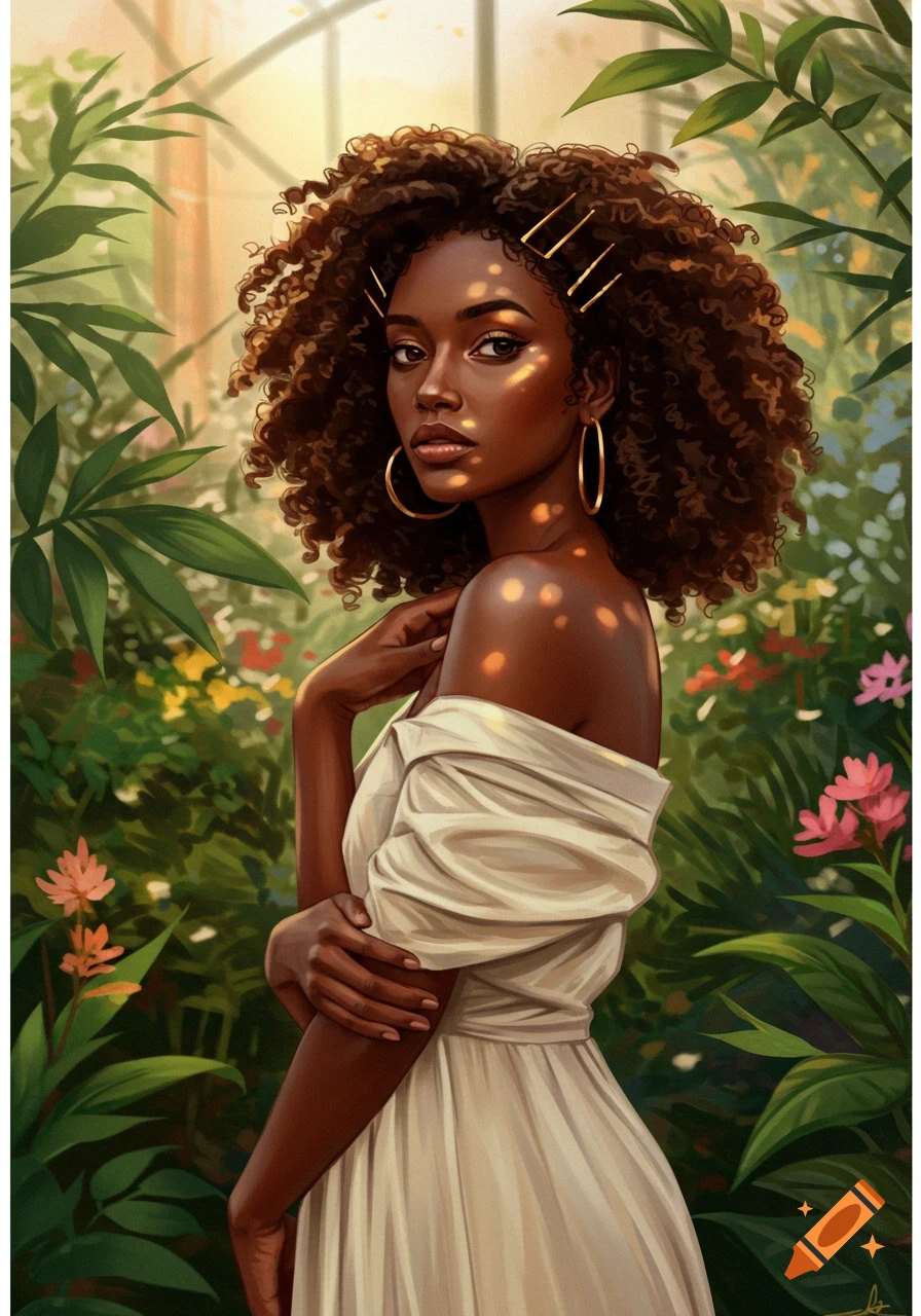 Digital art of a Black woman with curly hair and gold hoops wearing a white off-shoulder dress in a sunlit garden.