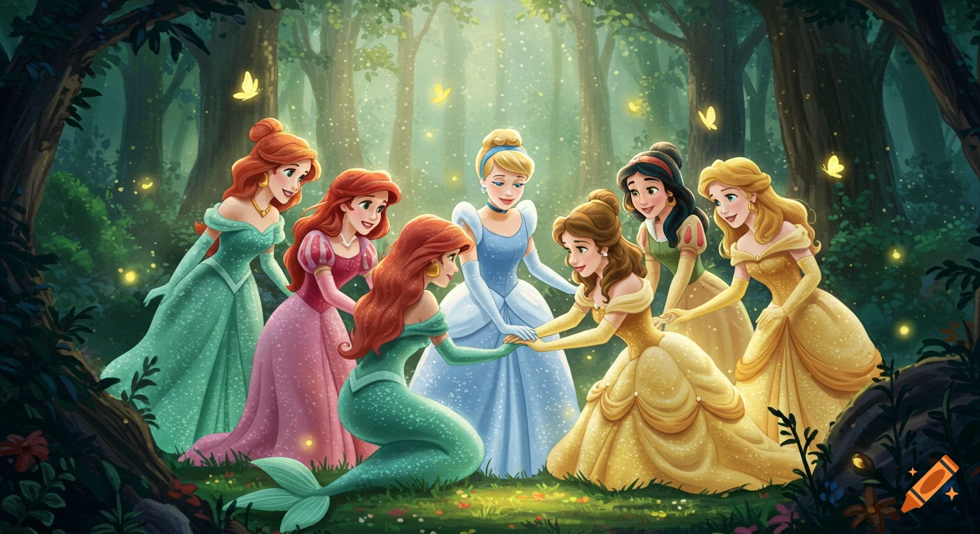 Seven animated princesses, including Cinderella, Belle, and Ariel, stand in a magical forest holding hands.