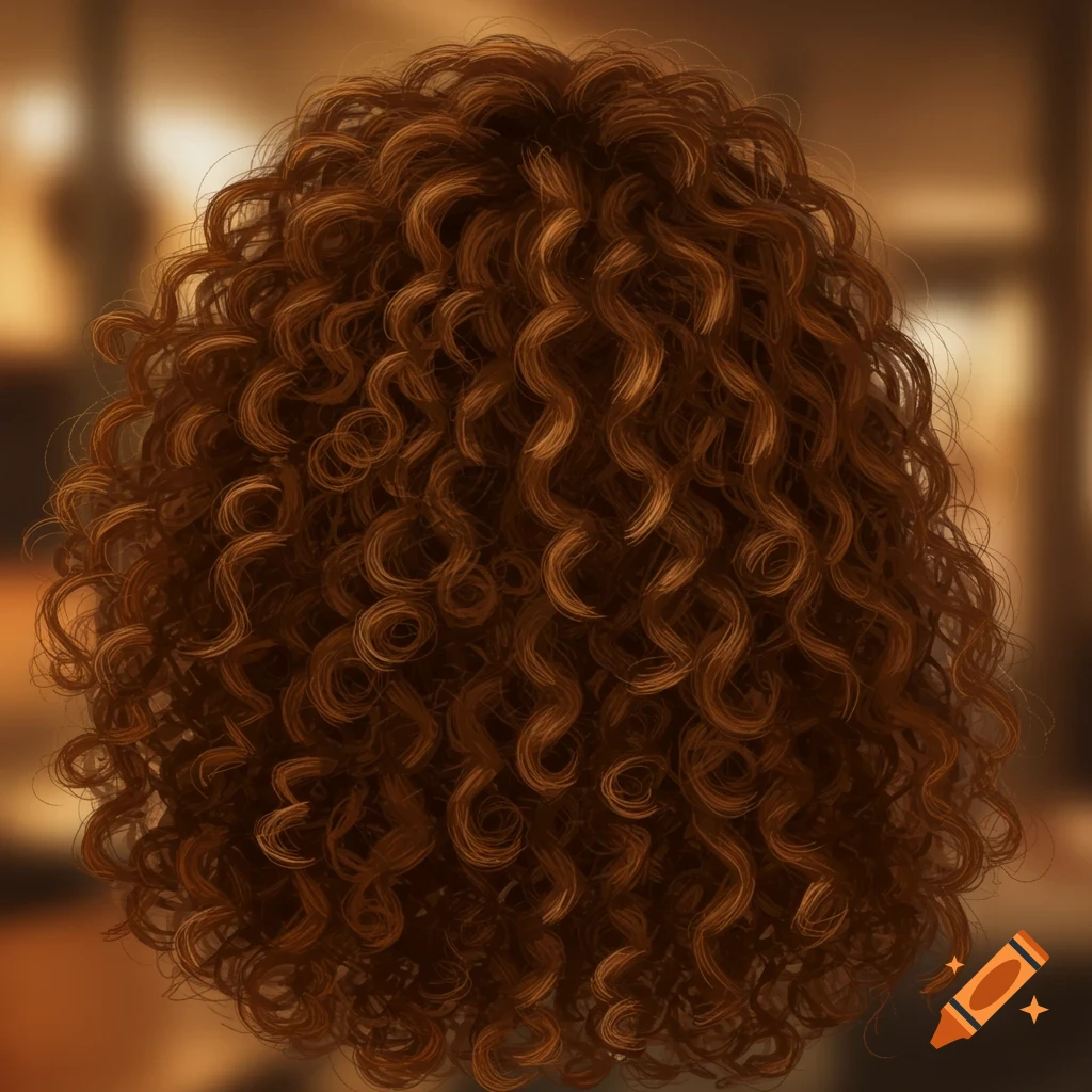 A close-up, top-down view of a voluminous head of bouncy, reddish-brown curly hair with a blurred background.