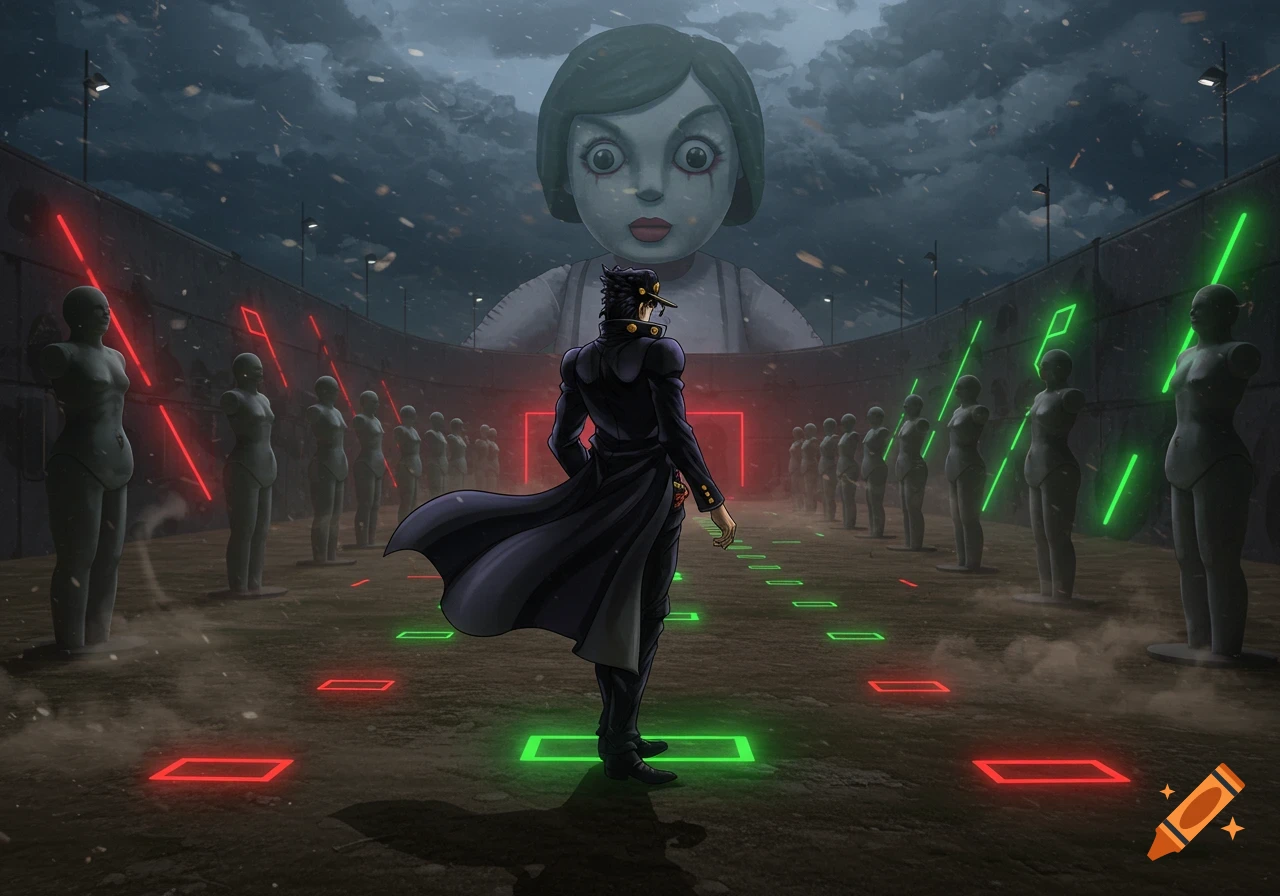Jotaro Kujo stands in a dimly lit Squid Game arena with the giant doll, surrounded by mannequins and neon lights.