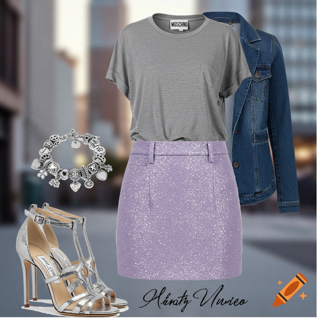 An outfit with a lavender sequin mini-skirt, a gray t-shirt, a denim jacket, silver strappy high heels, and a charm bracelet, against a blurred city background.