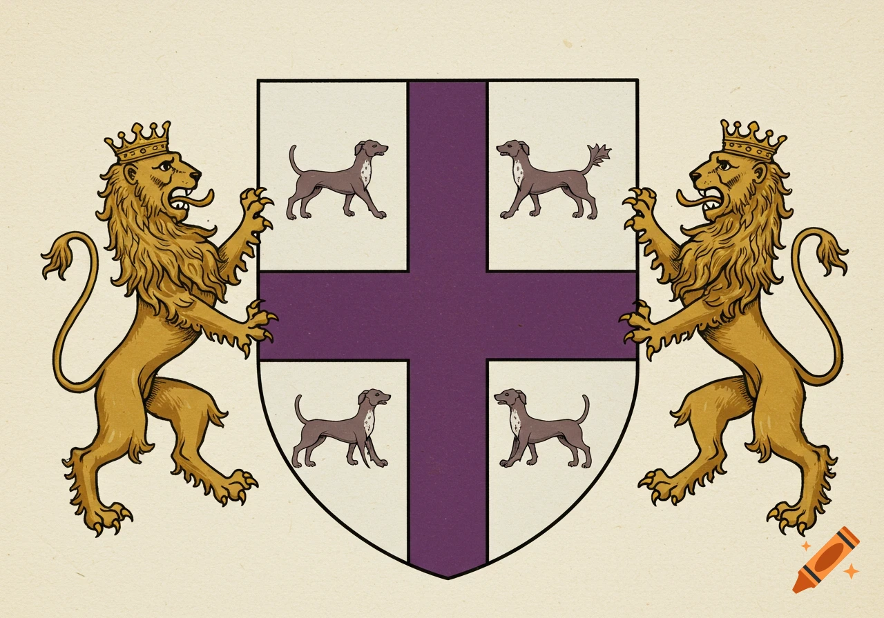 A medieval-style coat of arms with a purple cross on a white shield, flanked by two crowned golden lions rampant. Four small brown dogs are in the quadrants of the shield.